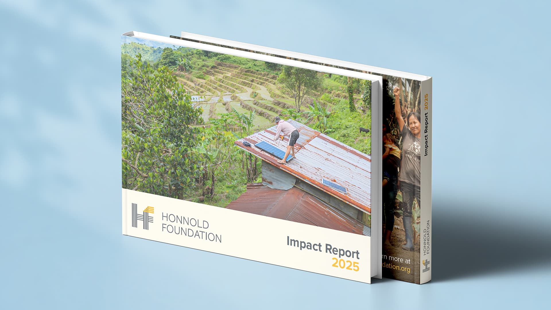 The printed Honnold Foundation 2025 Impact Report, shown front and back.