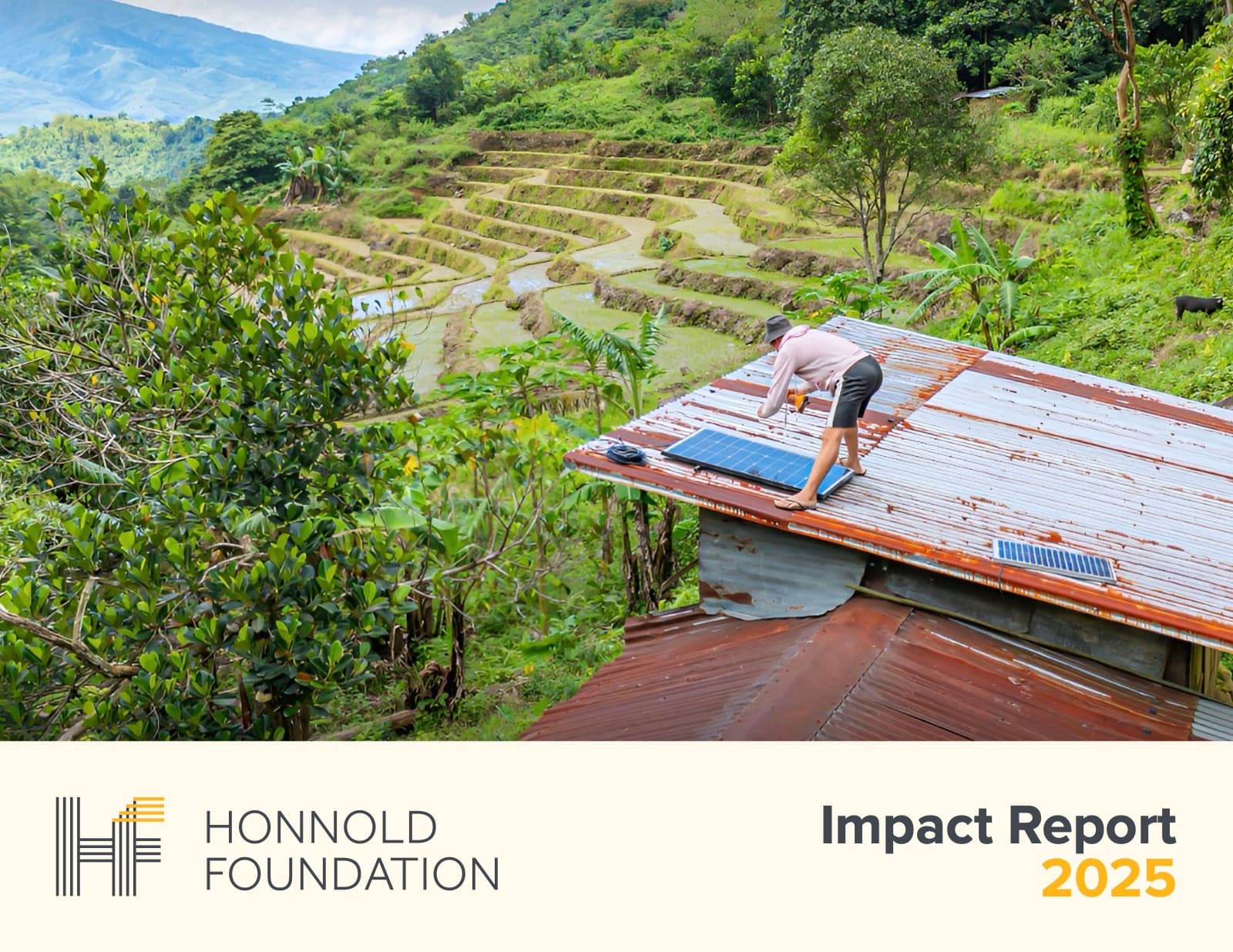 Cover of the Honnold Foundation 2025 Impact Report, showing a rooftop solar installation above terraced rice fields.
