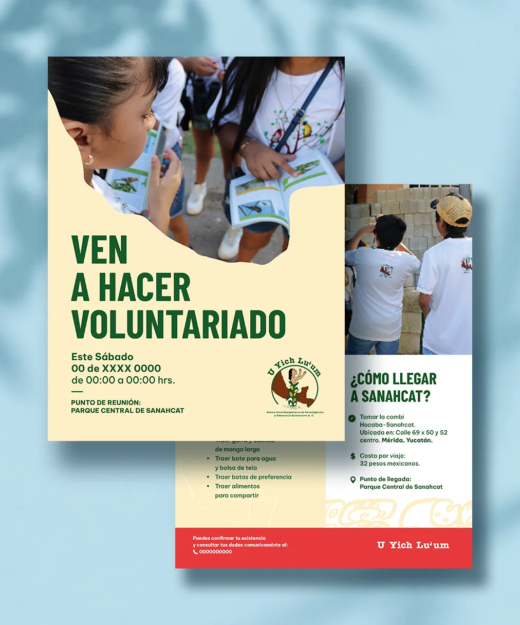Bilingual volunteer flyer designed for grantee partner U Yich Lu'um.