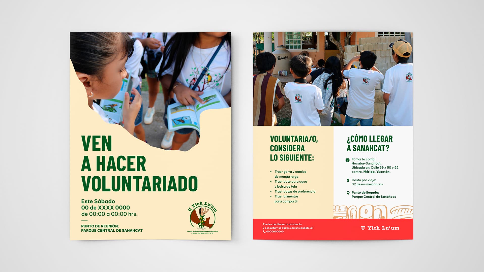 Bilingual volunteer flyer designed for partner organization U Yich Lu'um.