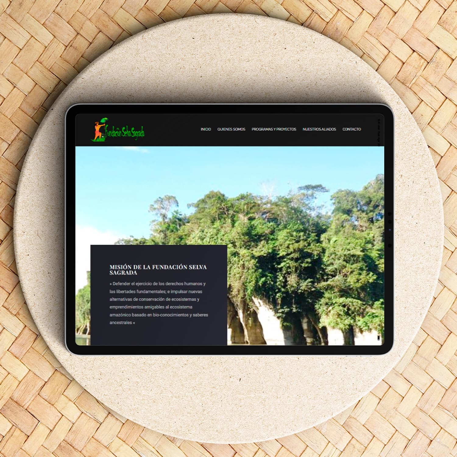 Website built for partner organization Fundación Selva Sagrada, shown on a tablet.